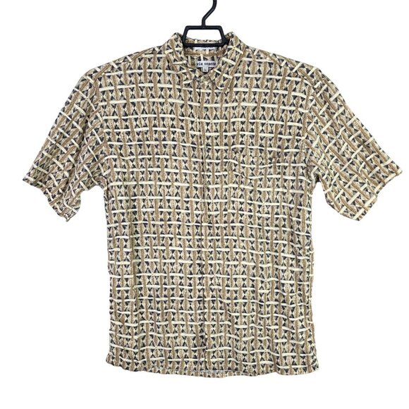 Mens Via Veneto Beige Geometric Print Shirt 100% Rayon Short Sleeve Button Up L - Picture 1 of 6